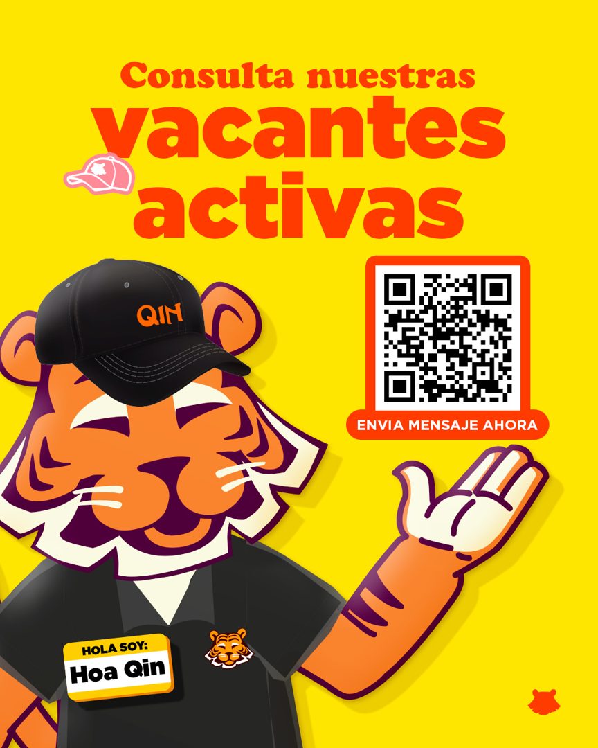 Banner del anuncio de la vacante: Consulta nuestras · vacantes · activas · QIN · 433 · ENVIA MENSAJE AHORA · HOLA SOY: · Hoa Qin