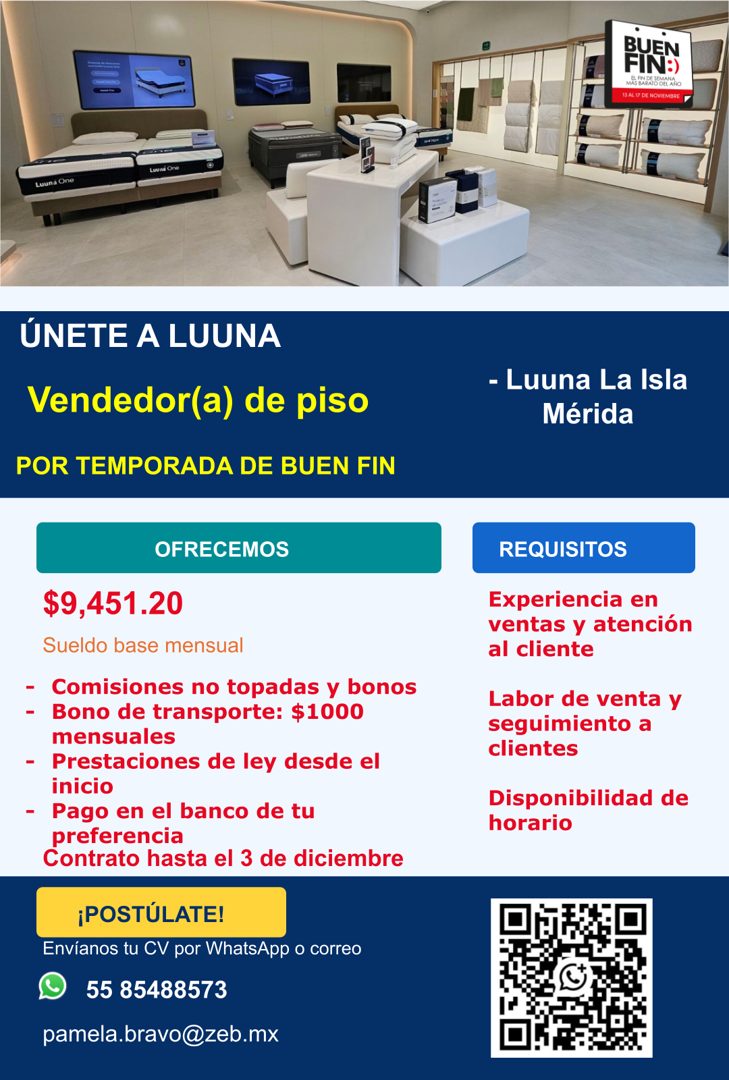 Banner del anuncio de la vacante: Luvra One · Luuna One · ÚNETE A LUUNA · Vendedor(a) de piso · POR TEMPORADA DE BUEN FIN · OFRECEMOS · $9,451.20 · Sueldo base mensual · - Co