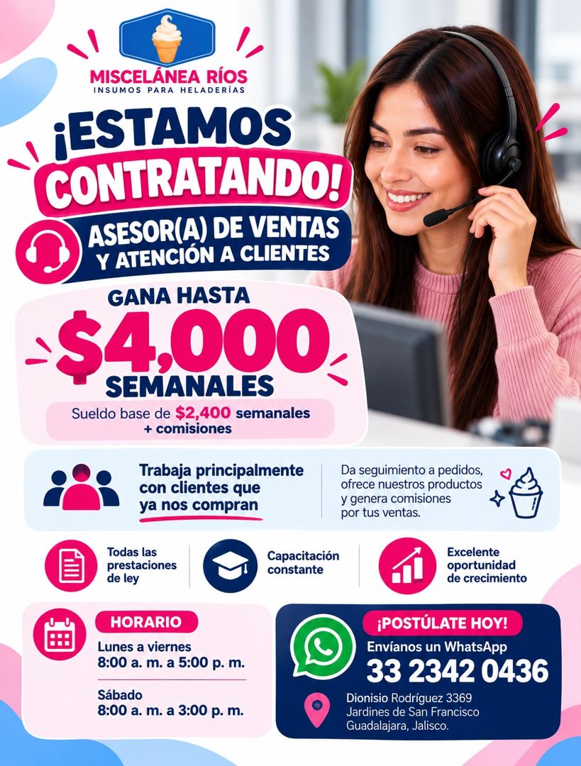Banner del anuncio de la vacante: MISCELÁNEA RÍOS · INSUMOS PARA HELADERÍAS · ¡ESTAMOS · CONTRATANDO! · ASESOR(A) DE VENTAS · Y ATENCIÓN A CLIENTES · GANA HASTA · •$4,000 · S