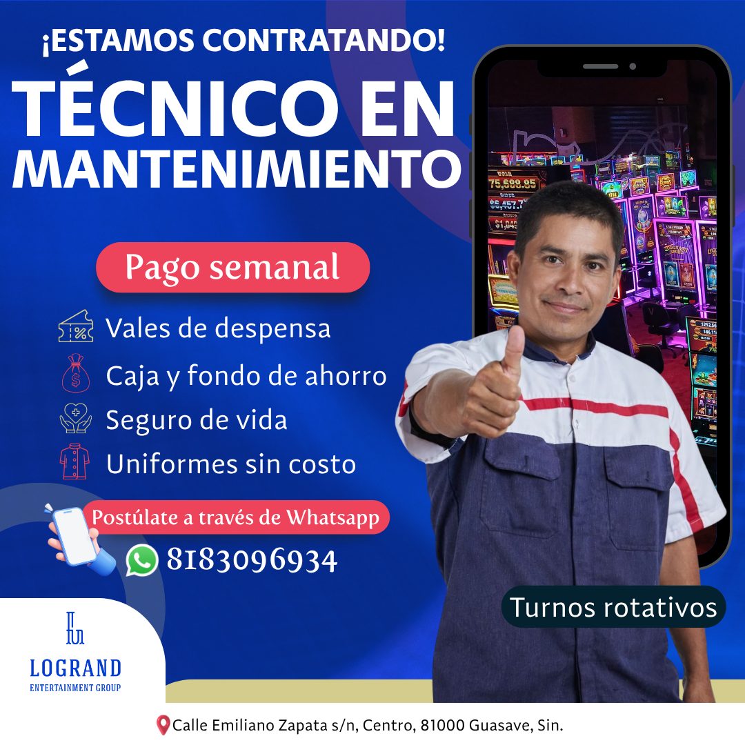 Banner del anuncio de la vacante: ¡ESTAMOS CONTRATANDO! · TÉCNICO EN · MANTENIMIENTO · 75,588.85 · Pago semanal · Vales de despensa · Caja y fondo de ahorro · Seguro de vida 