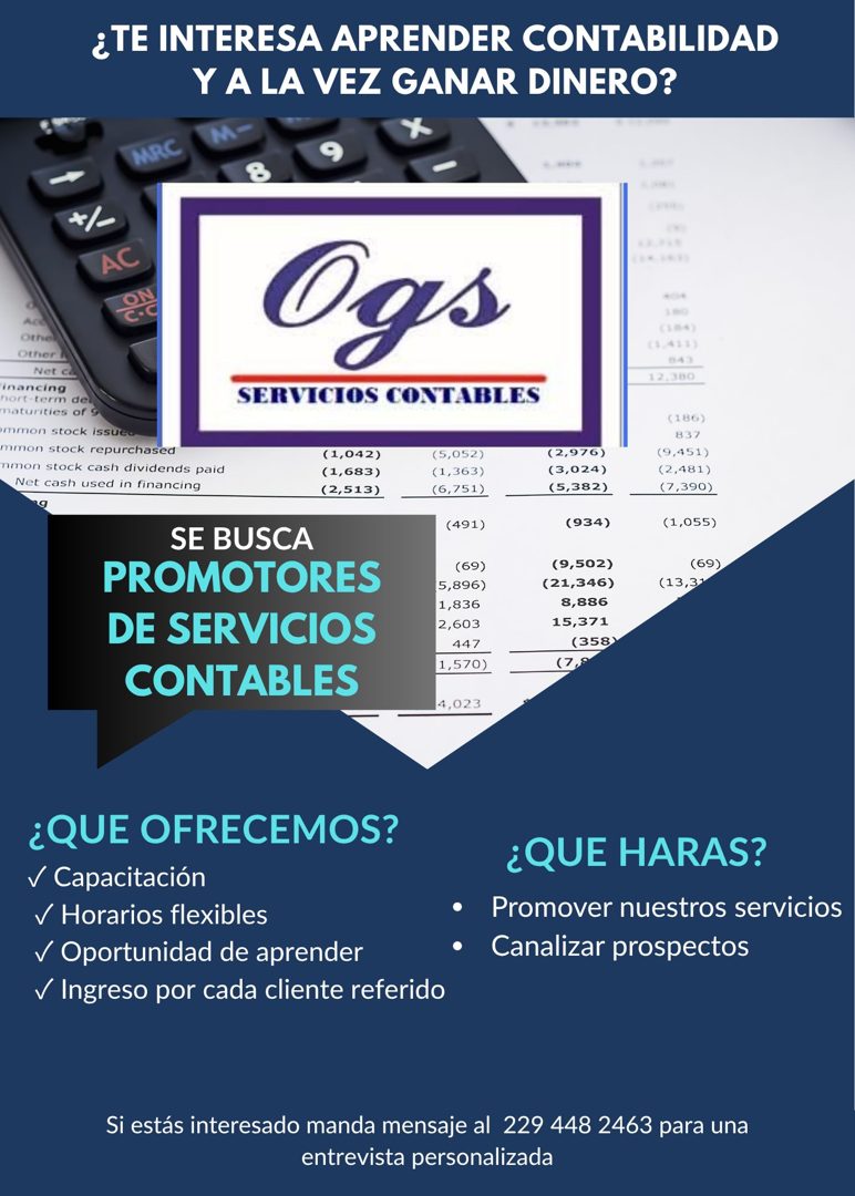 Banner del anuncio de la vacante: ¿TE INTERESA APRENDER CONTABILIDAD · Y A LA VEZ GANAR DINERO? · HRC · */- · AC · OHNe · Other A · Net c · inancing · hort-term del · maturit