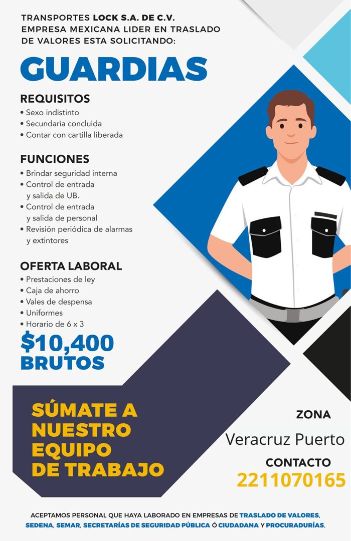 Banner del anuncio de la vacante: TRANSPORTES LOCK S.A. DE C.V. · EMPRESA MEXICANA LIDER EN TRASLADO · DE VALORES ESTA SOLICITANDO: · GUARDIAS · REQUISITOS · • Sexo indistint
