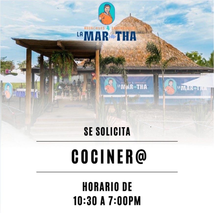 Banner del anuncio de la vacante: AGUACHILES & · LAMAR THA · LAMAR THA• · SE SOLICITA · COCINER@ · HORARIO DE · 10:30 A 7:00PM · LA MARTI