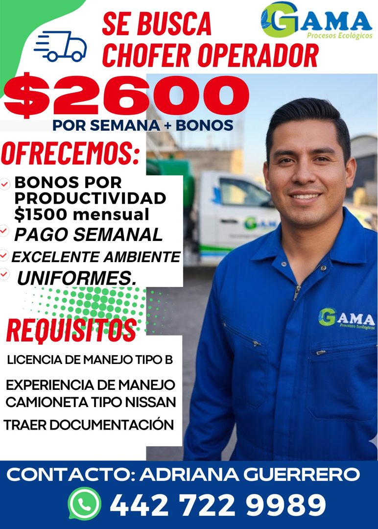 Banner del anuncio de la vacante: SE BUSCA · GAMA · Procesos Ecológicos · CHOFER OPERADOR · $2600 · POR SEMANA + BONOS · OFRECEMOS: · BONOS POR · PRODUCTIVIDAD · $1500 mensua