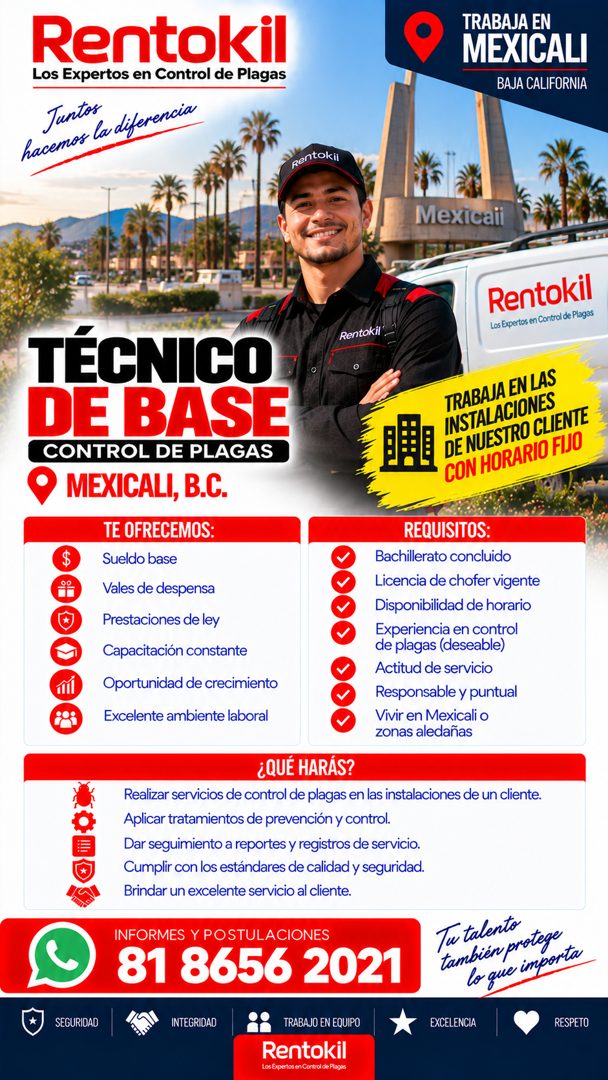 Banner del anuncio de la vacante: Rentokil · Los Expertos en Control de Plagas · Juntos · hacemos la diferencia · TRABAJA EN · MEXICALI · BAJA CALIFORNIA · Rentokil · Mexicai