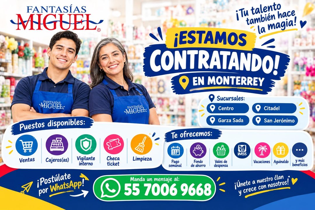 Banner del anuncio de la vacante: FANTASÍAS · MIGUEL. · PANTASÍAS · MIGUEL. · Puestos disponibles: · FANTASÍAS · MIGUEL. · ¡Tu talento · también hace · la magia! · ¡ESTAMOS ·