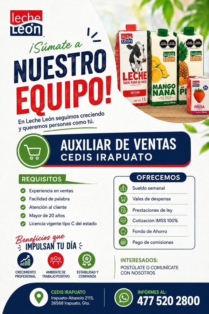 Banner del anuncio de la vacante: leche · Leon · ¡Súmate a · NUESTRO · EQUIPO! · En Leche León seguimos creciendo · y queremos personas como tú. · leche · Leon · jugos · Leon
