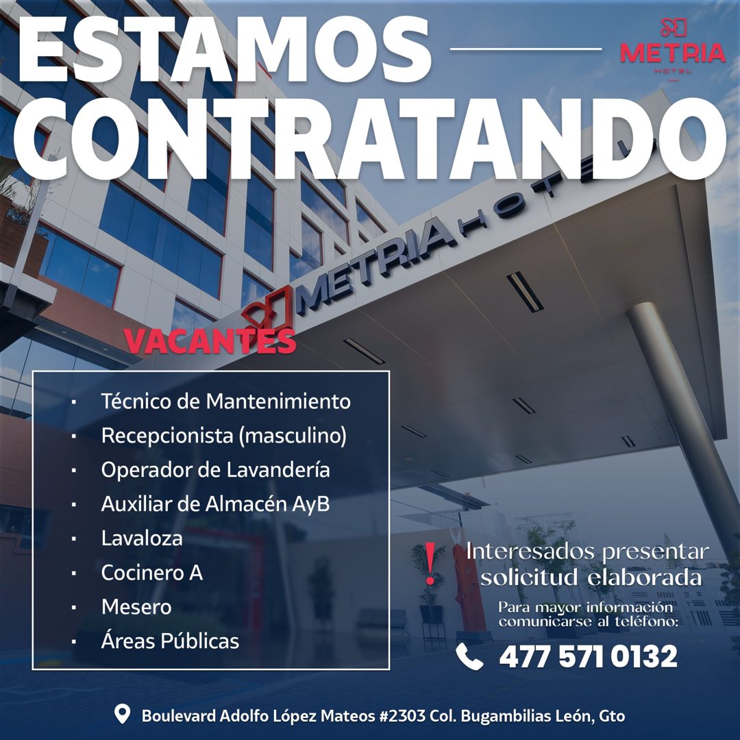 Banner del anuncio de la vacante: ESTAMOS · METRIA · HOTEL · CONTRATANDO · VACANTES · SIMETRIA- · • Técnico de Mantenimiento · • Recepcionista (masculino) · • Operador de Lav