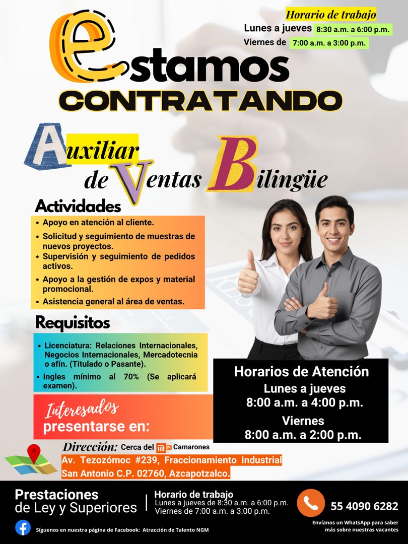Banner del anuncio de la vacante: Horario de trabajo · Lunes a jueves 8:30 a.m. a 6:00 p.m. · Viernes de 7:00 a.m. a 3:00 p.m. · →stamos · CONTRATANDO · A · uxiliar · Activid