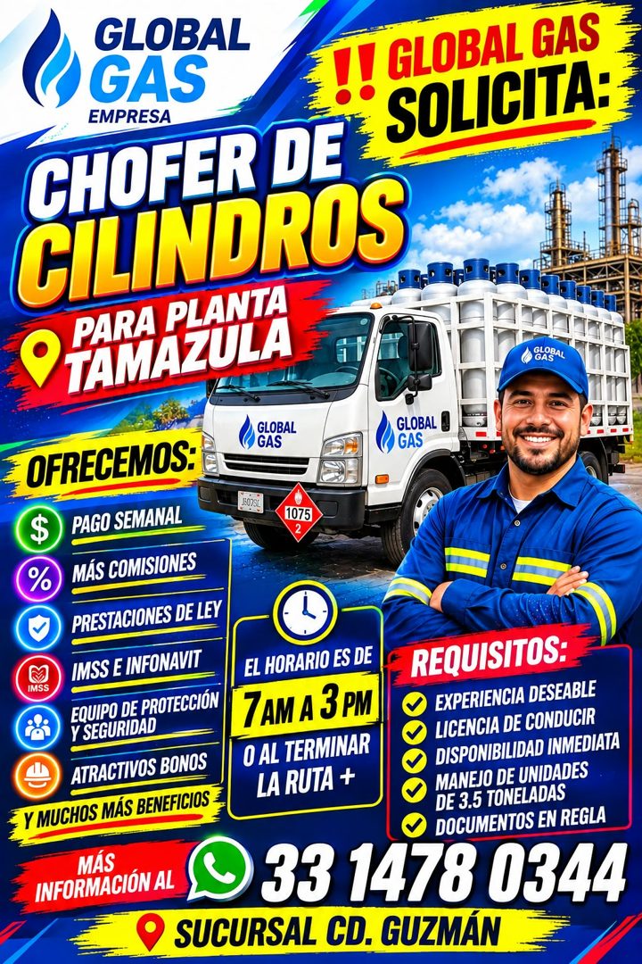 Banner del anuncio de la vacante: GLOBAL · GAS · EMPRESA · !! GLOBAL GAS · SOLICITA: · CHOFER DE · CILINDROS · PARA PLANTA · TAMAZULA · )) GAS · GLOBAL · GLOBAL · GAS · GLOBA