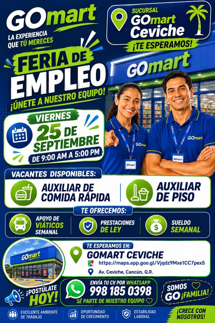 Banner del anuncio de la vacante: GOmart · LA EXPERIENCIA · QUE TÚ MERECES · FERIA DE · EMPLEO! · ¡ÚNETE A NUESTRO EQUIPO! · VIERNES · 25 DE · SEPTIEMBRE · DE 9:00 AM A 5:00 