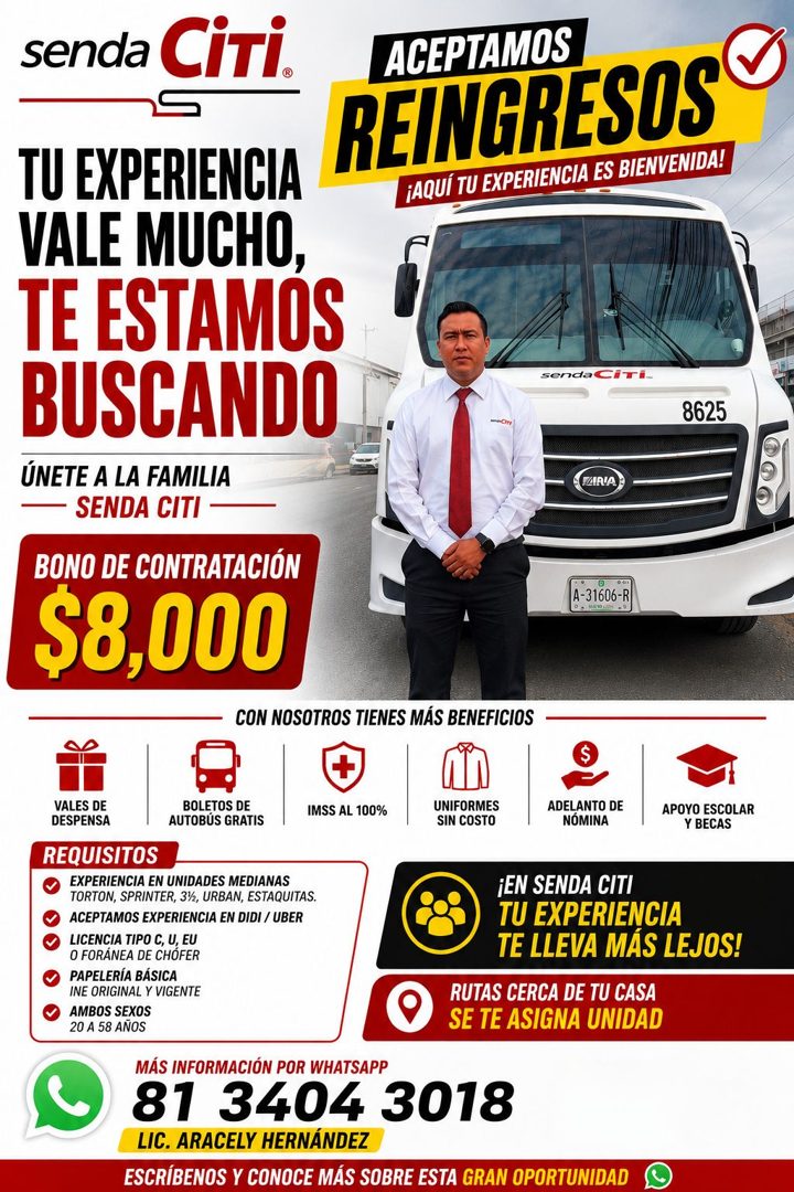 Banner del anuncio de la vacante: senda CiTi. · ACEPTAMOS · REINGRESOS® · ¡AQUÍ TU EXPERIENCIA ES BIENVENIDA! · TU EXPERIENCIA · VALE MUCHO, · TE ESTAMOS · BUSCANDO · ÚNETE A