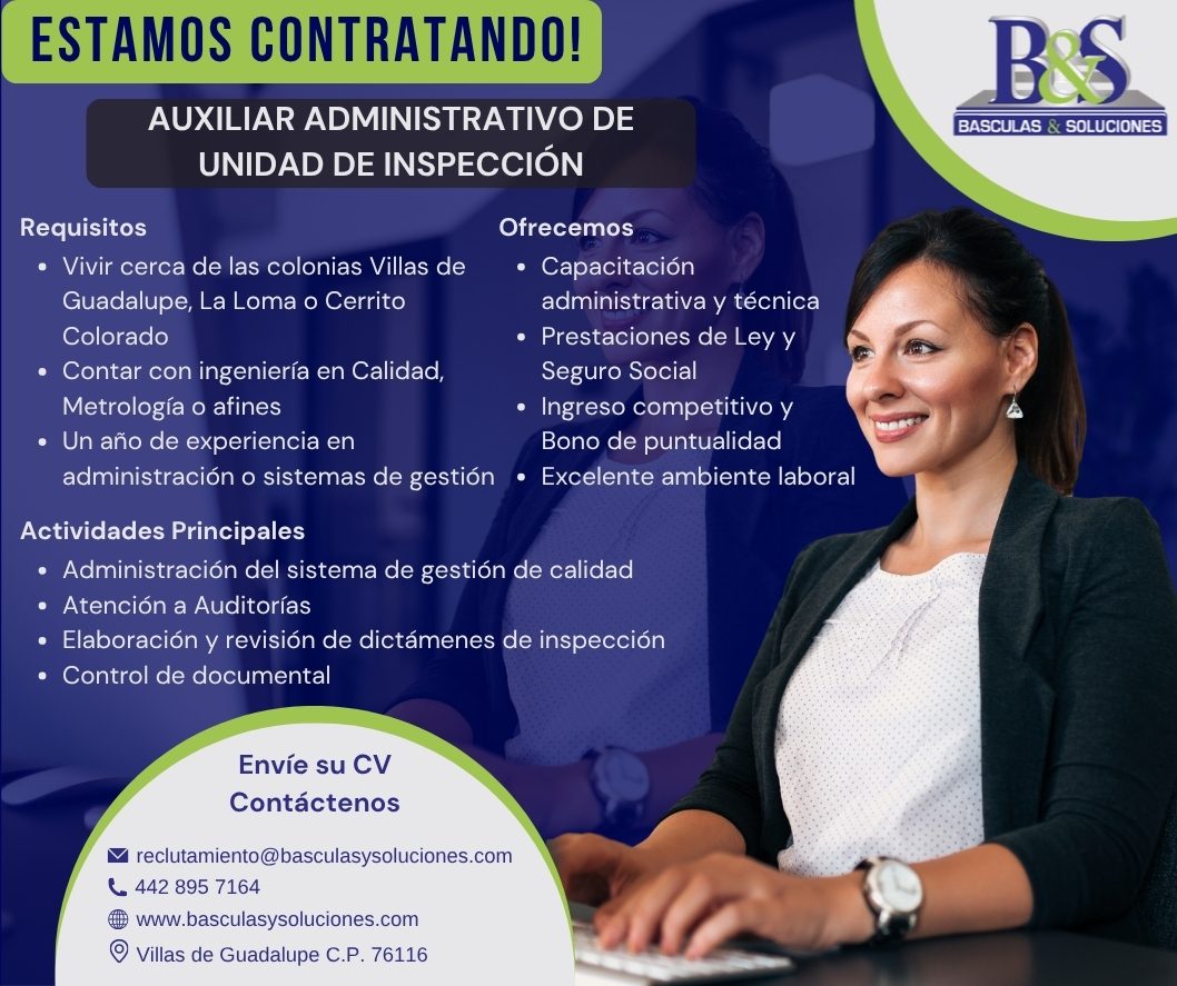 Banner del anuncio de la vacante: ESTAMOS CONTRATANDO! · AUXILIAR ADMINISTRATIVO DE · UNIDAD DE INSPECCIÓN · Requisitos · Ofrecemos · • Vivir cerca de las colonias Villas de 
