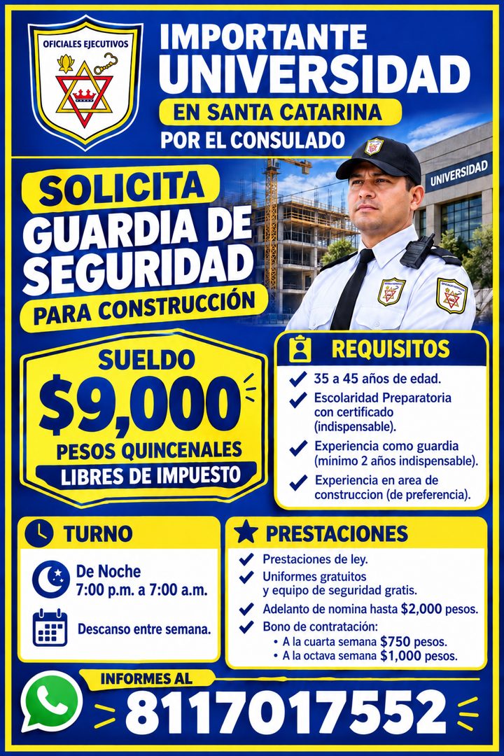 Banner del anuncio de la vacante: OFICIALES EJECUTIVOS · IMPORTANTE · UNIVERSIDAD · EN SANTA CATARINA · POR EL CONSULADO · SOLICITA · UNIVERSIDAD · GUARDIA DE · SEGURIDAD · P