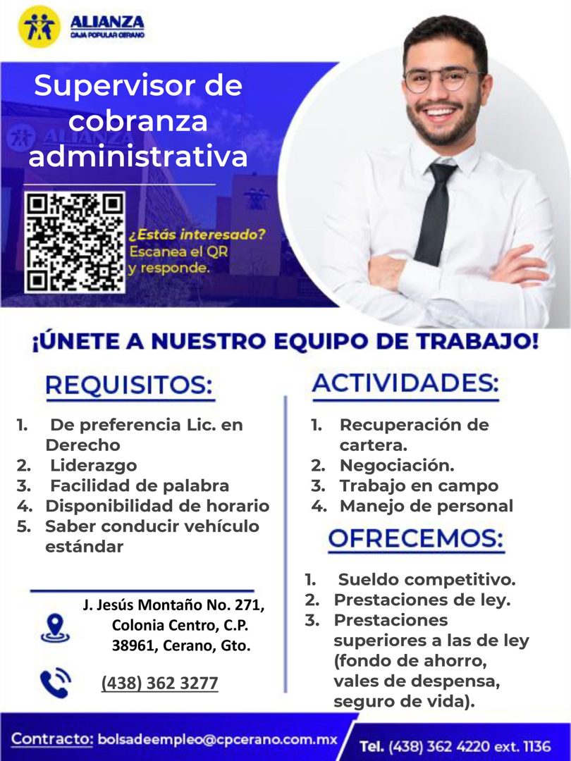 Banner del anuncio de la vacante: ALIANZA · CALIA POPULAR CERANO · Supervisor de · cobranza · administrativa · ¿Estás interesado? · Escanea el QR · y responde. · ¡ÚNETE A NUE