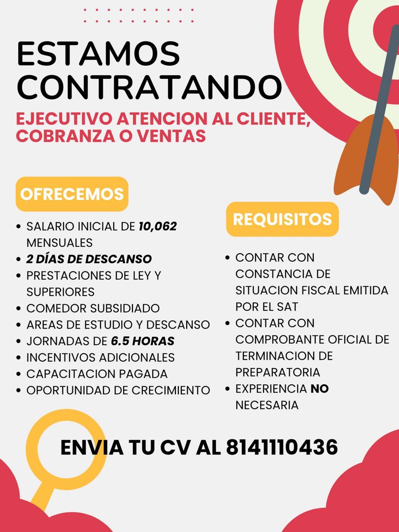 Banner del anuncio de la vacante: ESTAMOS · CONTRATANDO · EJECUTIVO ATENCION AL CLIENTE, · COBRANZA O VENTAS · OFRECEMOS · • SALARIO INICIAL DE 10,062 · MENSUALES · • 2 DÍAS 