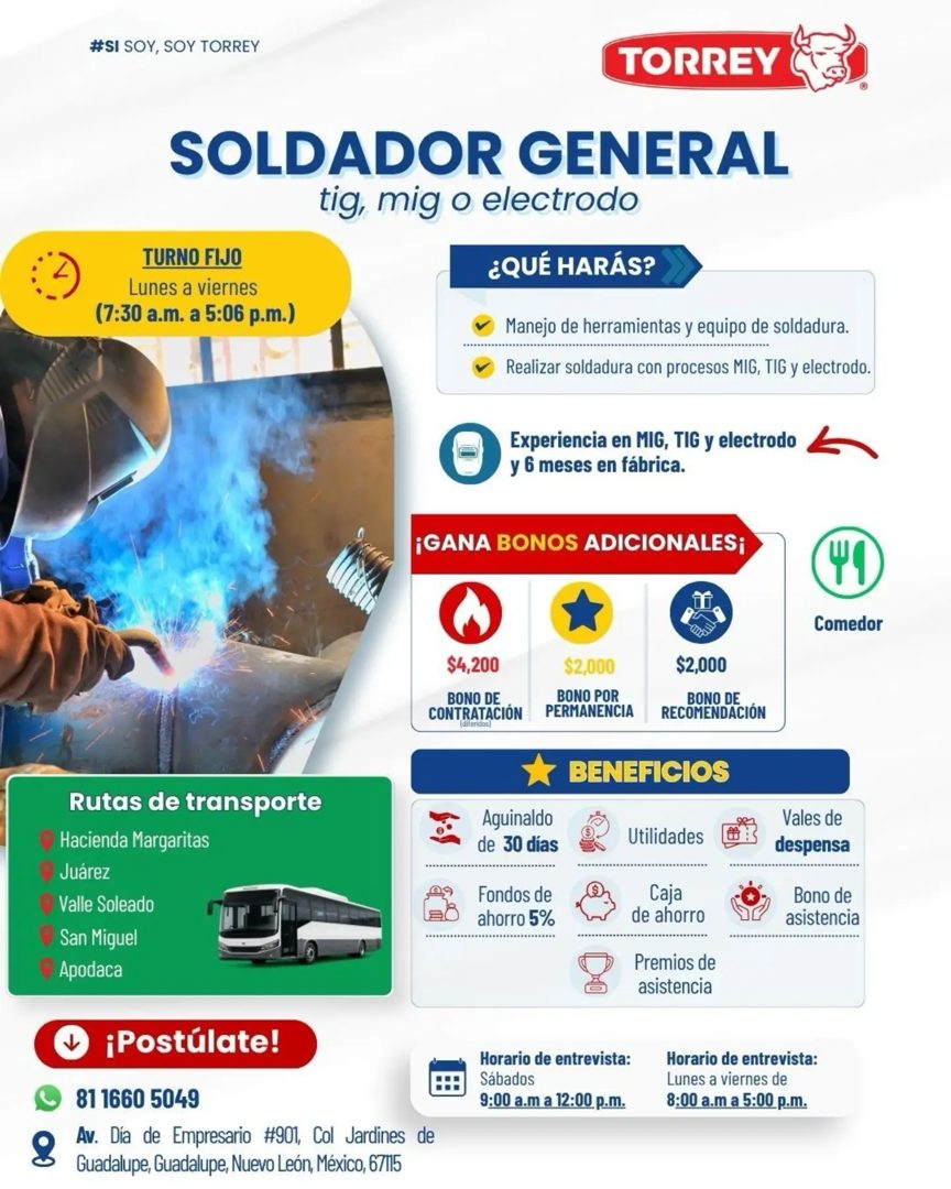 Banner del anuncio de la vacante: #SI SOY, SOY TORREY · TORREY & · SOLDADOR GENERAL · tig, mig o electrodo · TURNO FIJO · Lunes a viernes · (7:30 a.m. a 5:06 p.m.) · ¿QUÉ HAR
