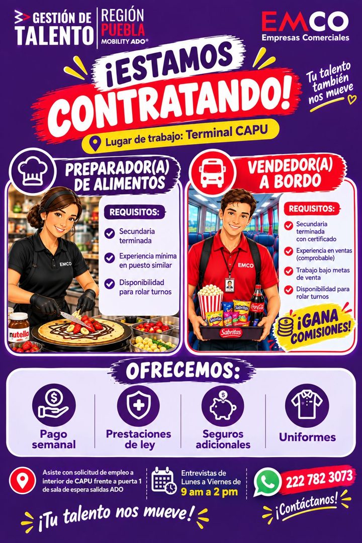 Banner del anuncio de la vacante: GESTIÓN DE · TALENTO · REGIÓN · PUEBLA · MOBILITY ADO® · EMCO · Empresas Comerciales · ¡ESTAMOS · CONTRATANDO! · Tu talento · nos mueve · ta