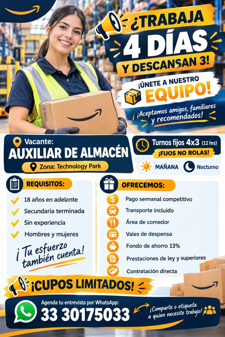 Banner del anuncio de la vacante: TD= ¿TRABAJA · → 4 DÍAS- · Y DESCANSAN 3! · ¡ÚNETE A NUESTRO · EQUIPO! · ¡ ¡Aceptamos amigos, familiares · y recomendados! · Vacante: · AUXI
