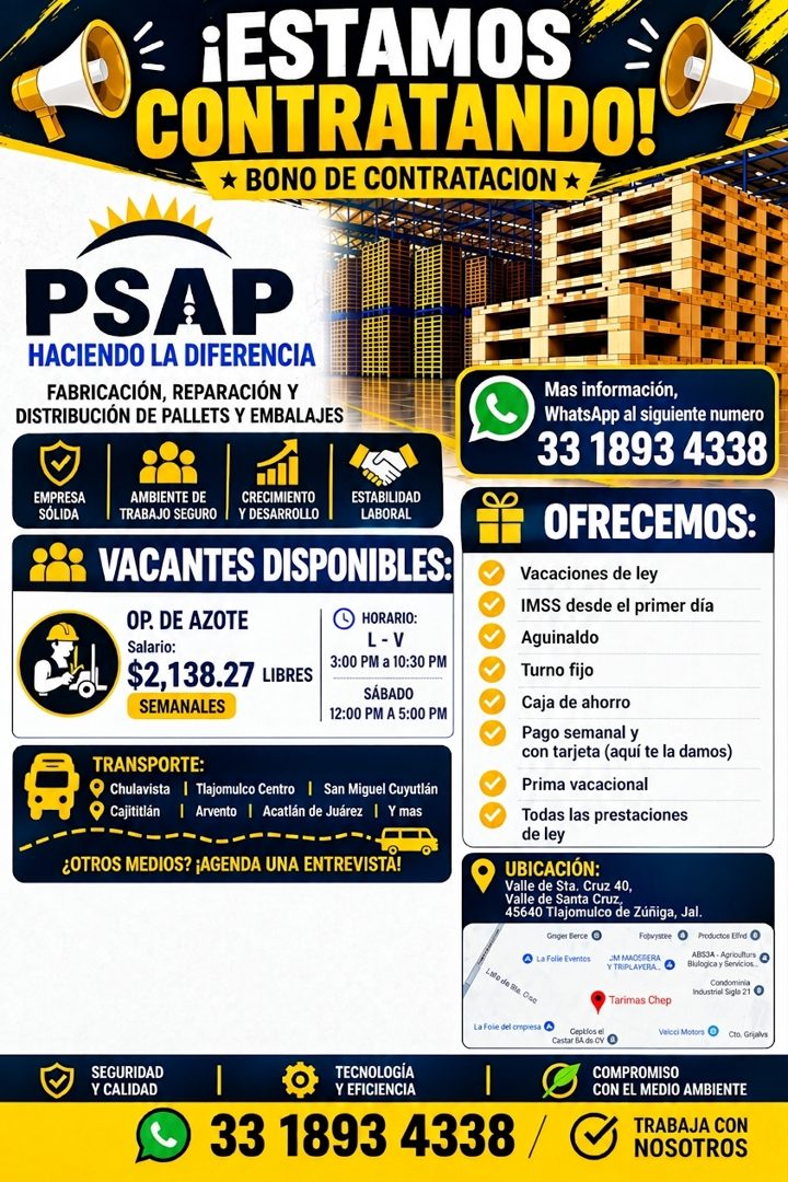 Banner del anuncio de la vacante: € ¡ESTAMOS · CONTRATANDO! · * BONO DE CONTRATACION * · PSAP · HACIENDO LA DIFERENCIA · FABRICACIÓN, REPARACIÓN Y · DISTRIBUCIÓN DE PALLETS Y