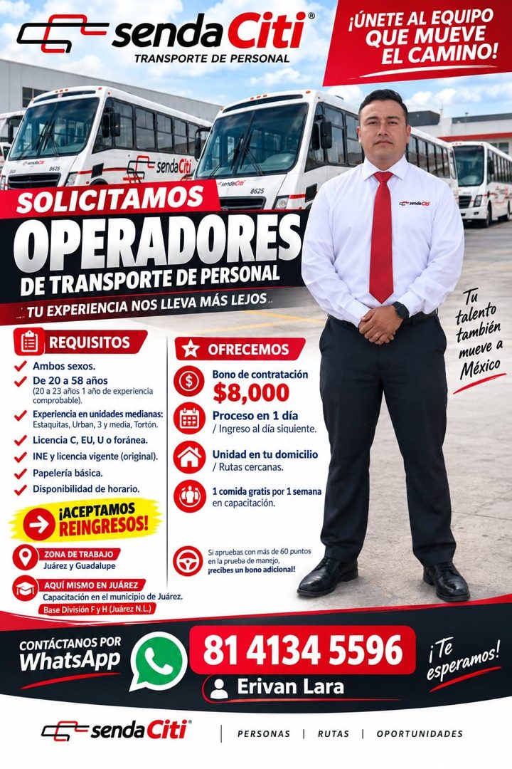 Banner del anuncio de la vacante: - senda Citi® · TRANSPORTE DE PERSONAL · ¡ÚNETE AL EQUIPO · QUE MUEVE · EL CAMINO! · = senda Citi · SOLICITAMOS · 8625 · OPERADORES · DE TRA