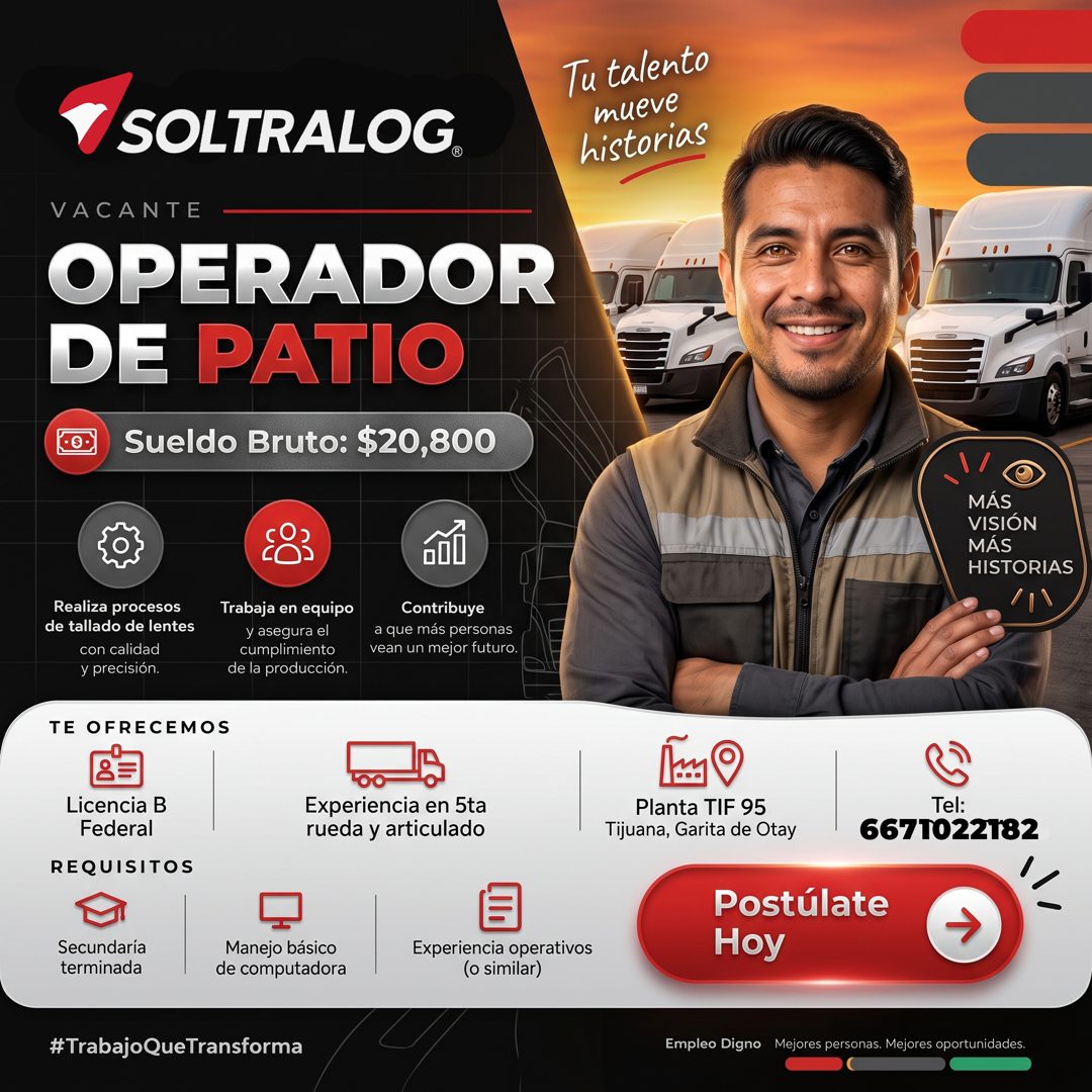 Banner del anuncio de la vacante: Tu talento · mueve · historias · SOLTRALOG. · VACANTE · OPERADOR · DE PATIO · Sueldo Bruto: $20,800 · MÁS · VISIÓN · MÁS · HISTORIAS · Reali