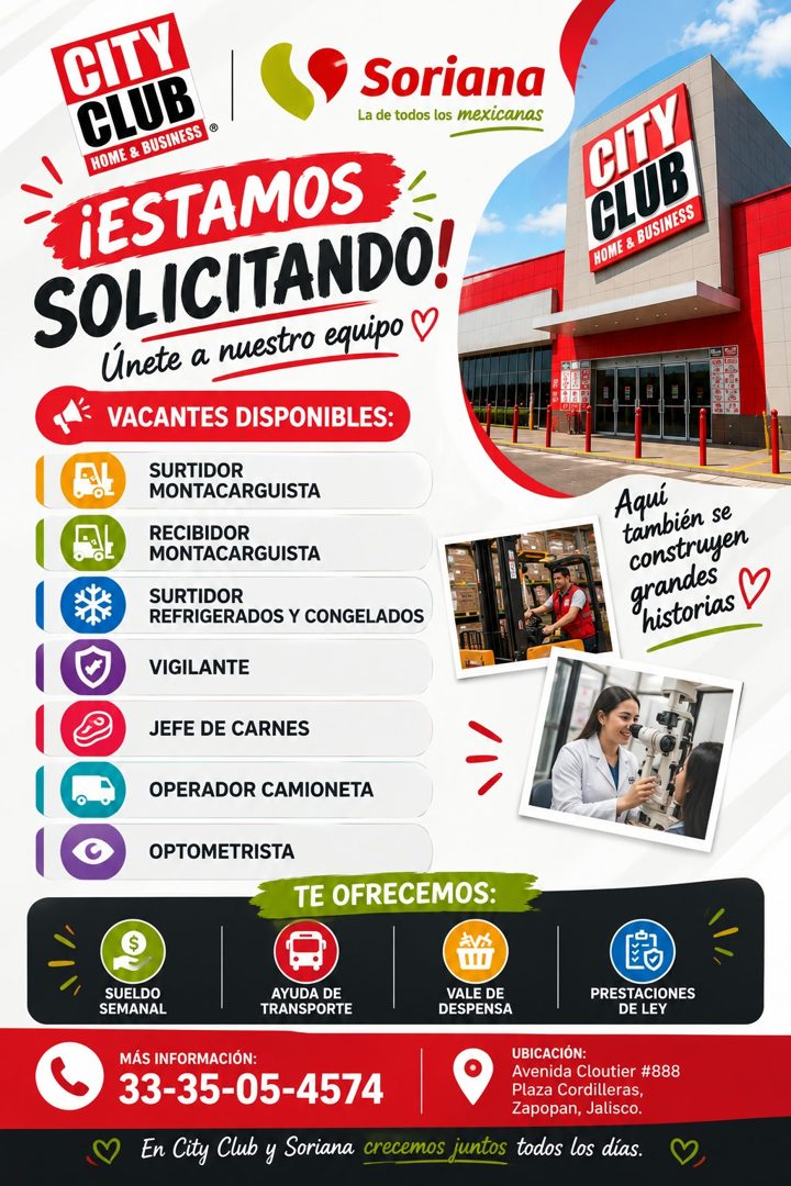 Banner del anuncio de la vacante: ATN · CLUB · HOME & BUSINESS · Soriana · La de todos los mexicanas · ¡ESTAMOS · SOLICITANDO! · Únete a nuestro equipo · VACANTES DISPONIBLES