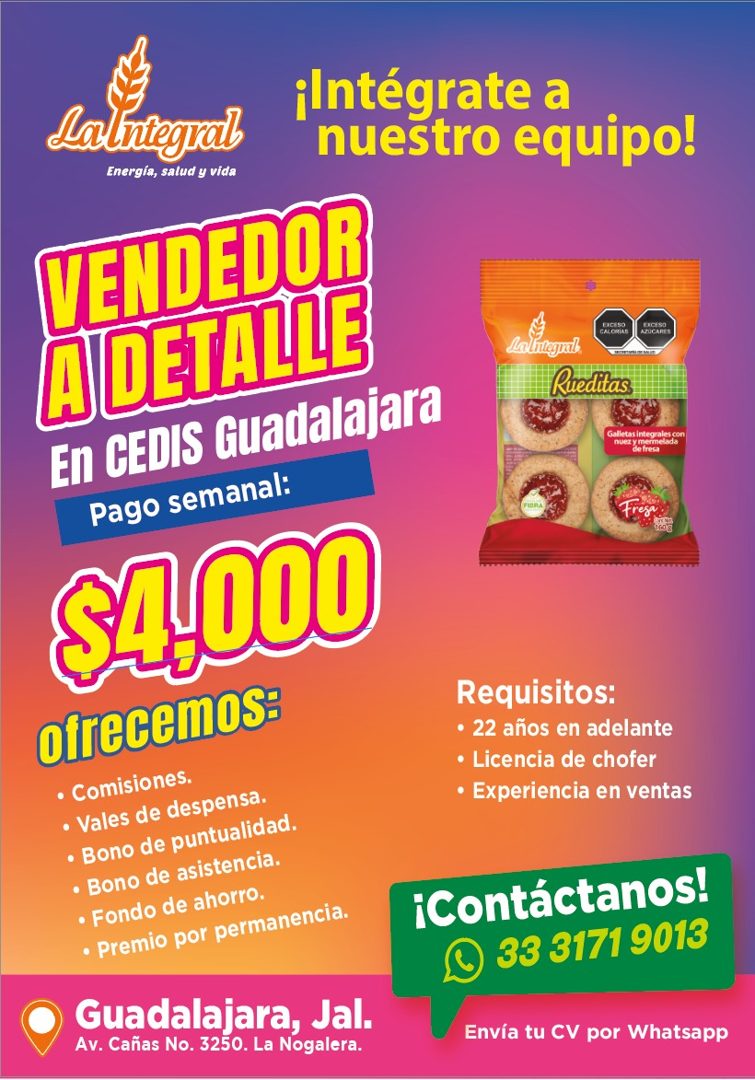 Banner del anuncio de la vacante: saliera · Energía, salud y vida · intégrate a · nuestro equipo! · VENDEDOR · A DETALLE · En CEDIS Guadalajara · Pago semanal: · SA,000 · ofr