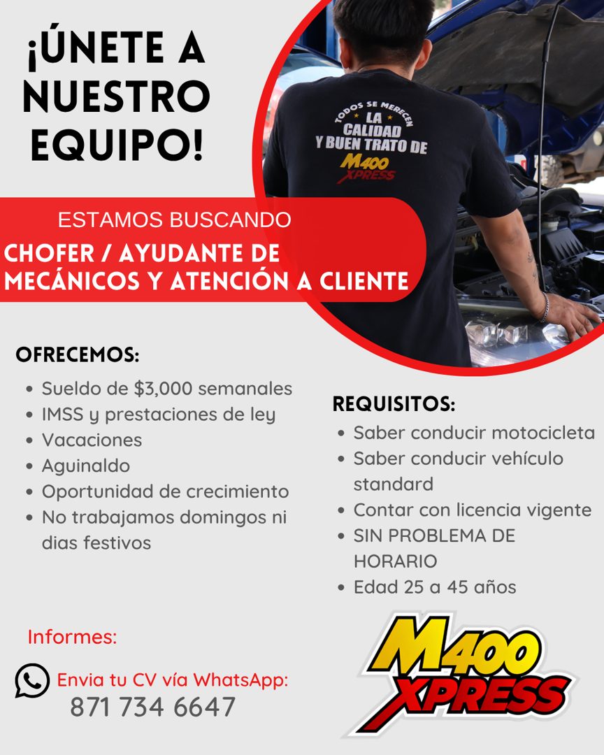 Banner del anuncio de la vacante: ¡UNETE A · NUESTRO · EQUIPO! · * LA · CALIDAD · Y BUEN TRATO DE · M4co · APRESS · ESTAMOS BUSCANDO · CHOFER / AYUDANTE DE · MECÁNICOS Y ATEN