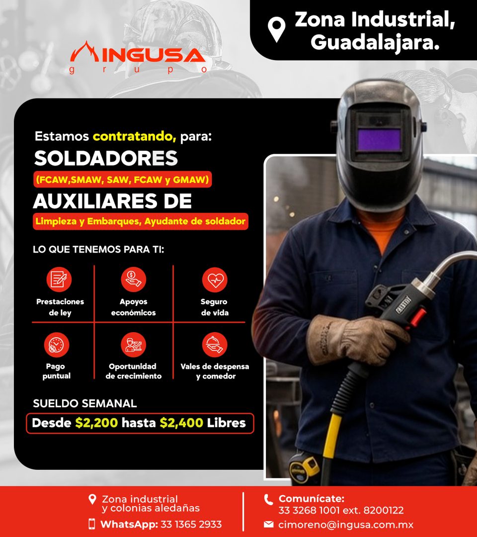 Banner del anuncio de la vacante: Zona Industrial, · Guadalajara. · MINGUSA · Estamos contratando, para: · SOLDADORES · (FCAW,SMAW, SAW, FCAW y GMAW) · AUXILIARES DE · Limpie