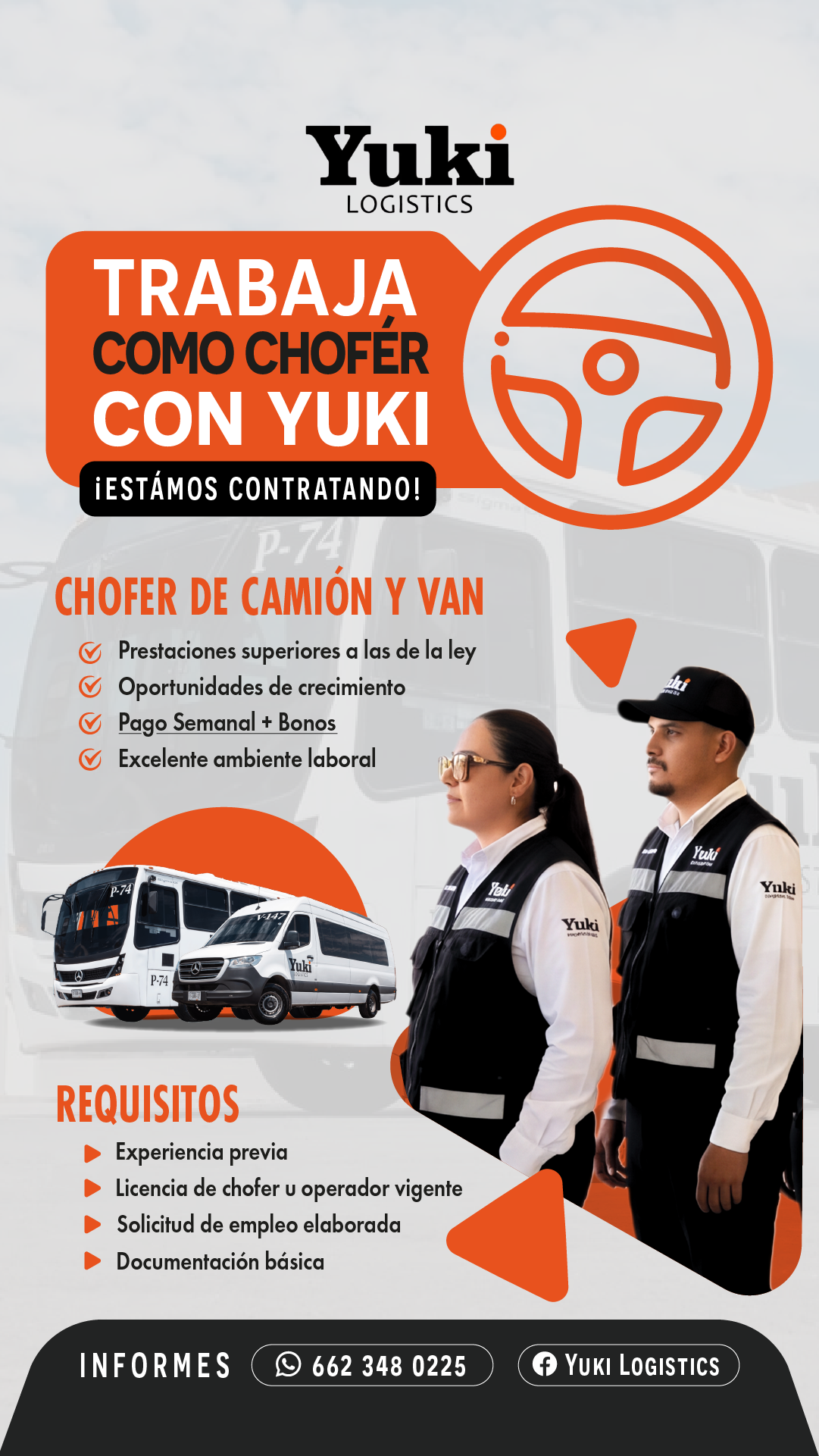 Banner del anuncio de la vacante: Yuki · LOGISTICS · TRABAJA · COMO CHOFER · CON YUKI · ¡ESTÁMOS CONTRATANDO! · CHOFER DE CAMIÓN Y VAN · Prestaciones superiores a las de la l