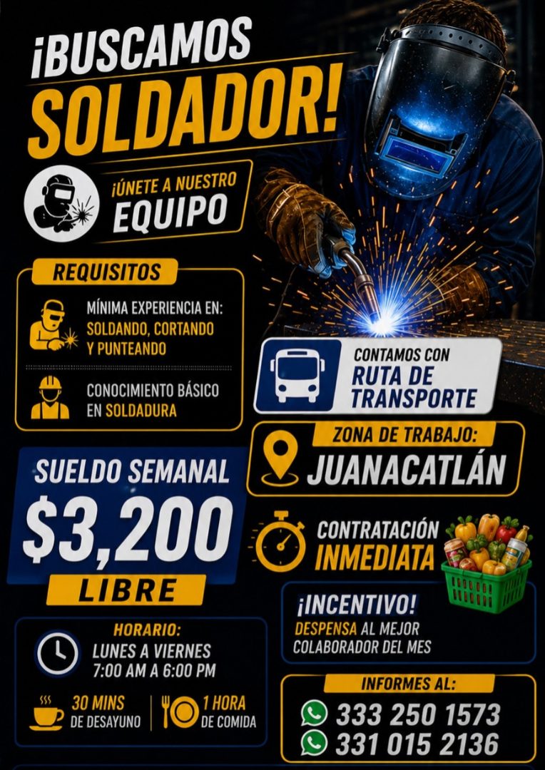 Banner del anuncio de la vacante: ¡BUSCAMOS · SOLDADOR! · ¡ÚNETE A NUESTRO · EQUIPO · REQUISITOS · MÍNIMA EXPERIENCIA EN: · SOLDANDO, CORTANDO · Y PUNTEANDO · CONOCIMIENTO BÁ
