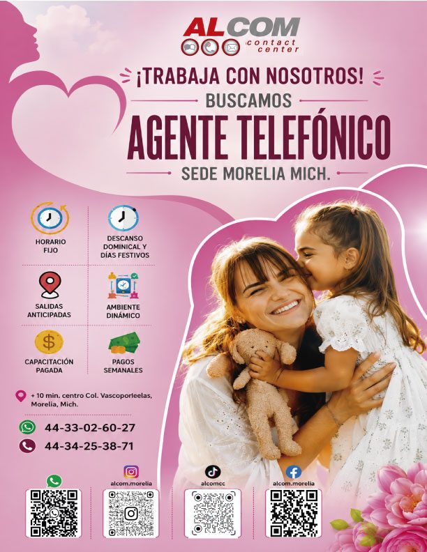 Banner del anuncio de la vacante: AL COM · contact · center · = ¡TRABAJA CON NOSOTROS! = · BUSCAMOS · AGENTE TELEFÓNICO · SEDE MORELIA MICH. · HORARIO · FIJO · DESCANSO · DOM
