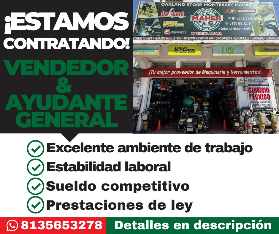 Banner del anuncio de la vacante: OAKLAND STORE MONTERREY MAHER · ¡ESTAMOS · OaKland · QUIPOS · MA IMO RENDIMIENTO · AHER · = 81 8882 9194 · Muriet · MIENTES · 9 8135 65 3278