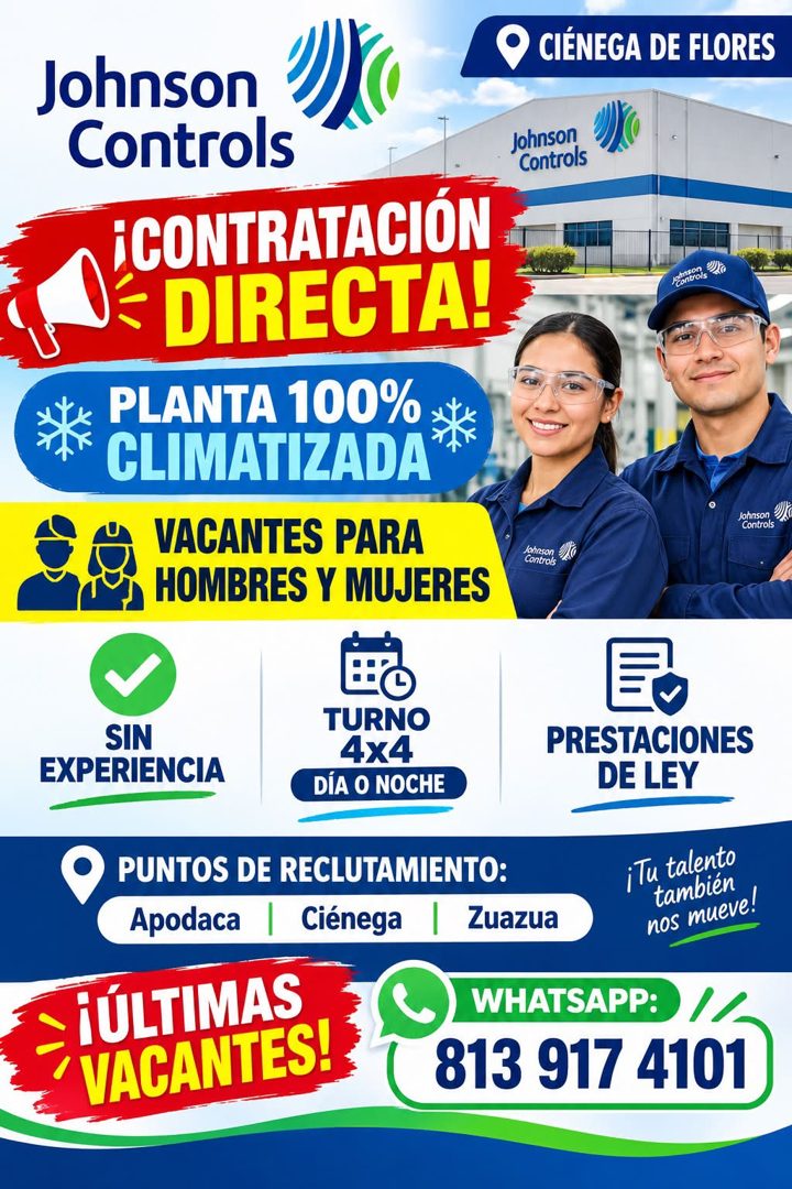 Banner del anuncio de la vacante: Johnson · Controls · ¡CONTRATACIÓN · DIRECTA! · NYL · PLANTA 100% *** · CLIMATIZADA · VACANTES PARA · HOMBRES Y MUJERES · CIÉNEGA DE FLORES 