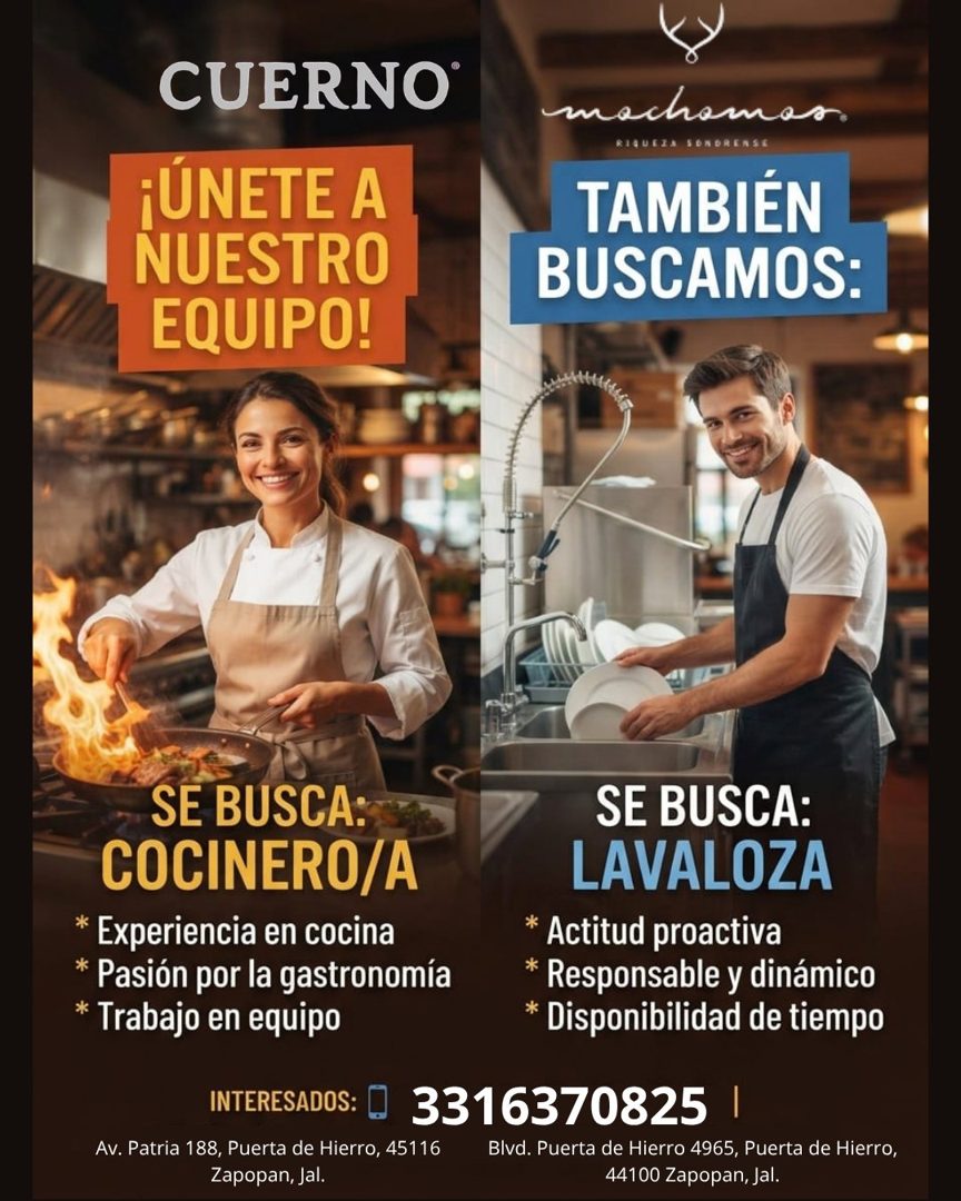 Banner del anuncio de la vacante: CUERNO® · ¡UNETE A · NUESTRO · EQUIPO! · machomas. · TAMBIÉN · BUSCAMOS: · SE BUSCA: · COCINERO/A · * Experiencia en cocina · * Pasión por l