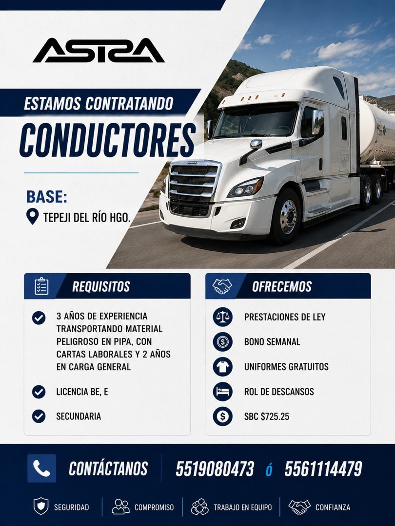 Banner del anuncio de la vacante: ASIZA · ESTAMOS CONTRATANDO · CONDUCTORES · BASE: · TEPEJI DEL RÍO HGO. · REQUISITOS · 3 AÑOS DE EXPERIENCIA · TRANSPORTANDO MATERIAL · PELI