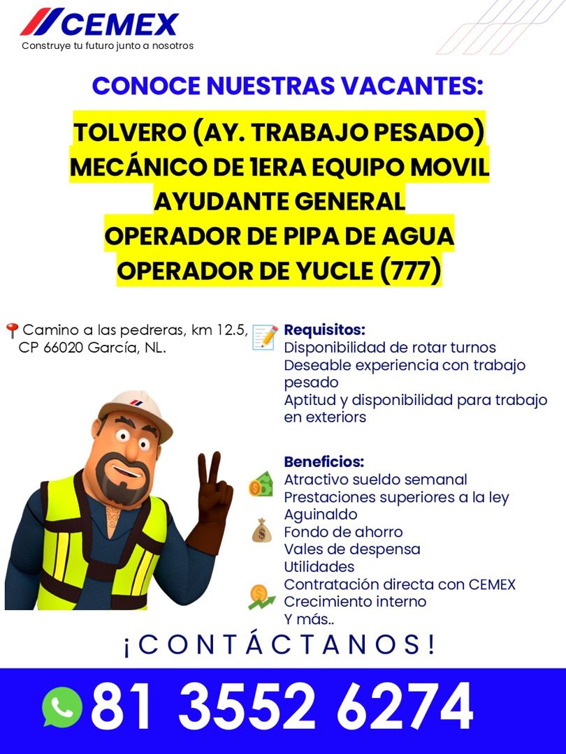 Banner del anuncio de la vacante: I/CEMEX · Construye tu futuro junto a nosotros · CONOCE NUESTRAS VACANTES: · TOLVERO (AY. TRABAJO PESADO) · MECÁNICO DE IERA EQUIPO MOVIL · 