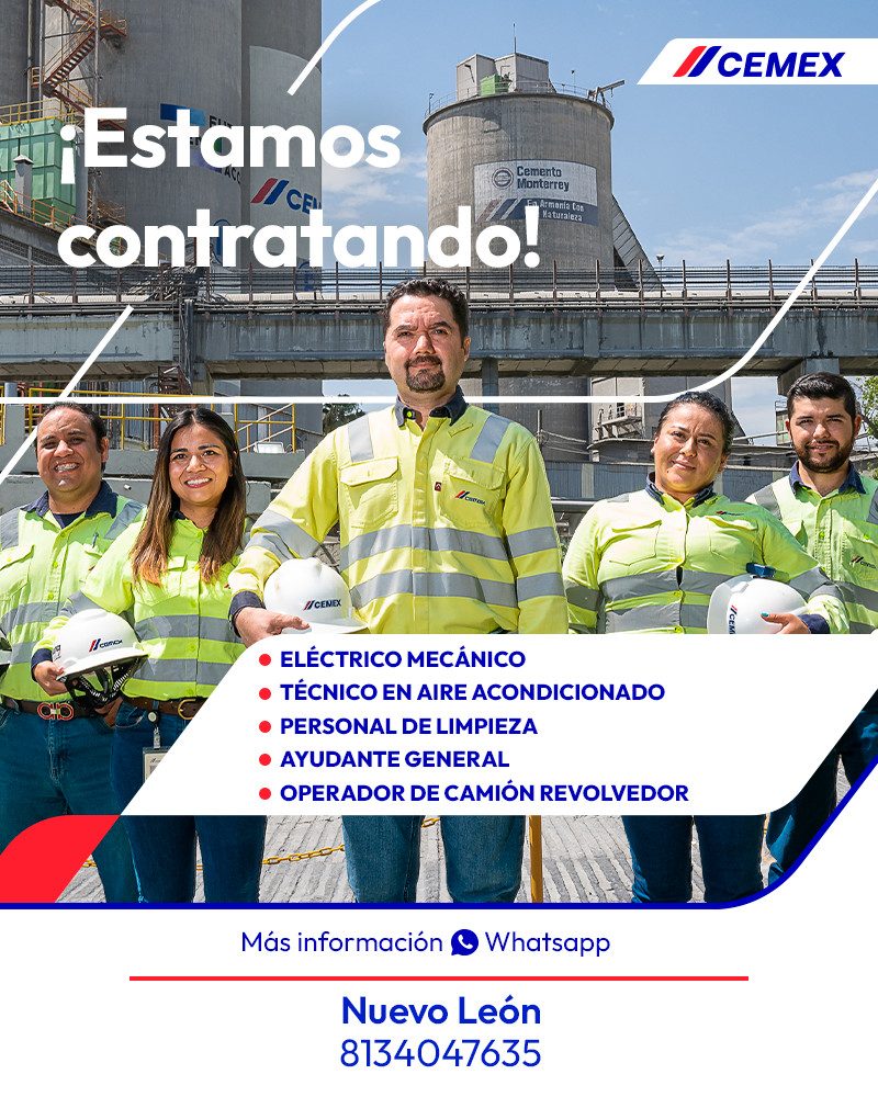 Banner del anuncio de la vacante: CEMEX · ¡Estamos · Cemento · Monterrey · contratando! · Aresaria tot · //CENEX · • ELÉCTRICO MECÁNICO · • TÉCNICO EN AIRE ACONDICIONADO · • 