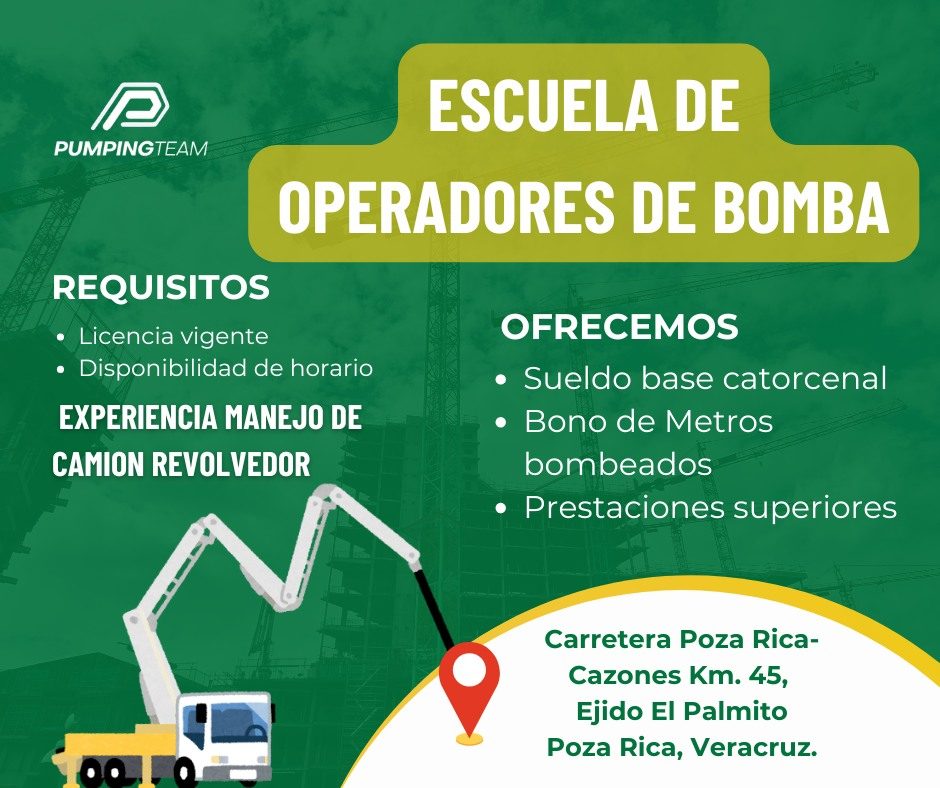 Banner del anuncio de la vacante: PUMPINGTEAM · ESCUELA DE · OPERADORES DE BOMBA · REQUISITOS · • Licencia vigente · • Disponibilidad de horario · EXPERIENCIA MANEJO DE · CAM