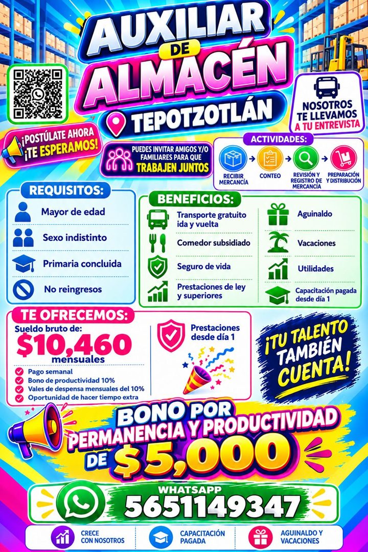 Banner del anuncio de la vacante: ¡POSTÚLATE AHORA · ¡TE ESPERAMOS! · AUX LAR · ALMÄCEN · TEPOTZOTLAN · NOSOTROS · TE LLEVAMOS · A TU ENTREVISTA · ACTIVIDADES: · PUEDES INVIT