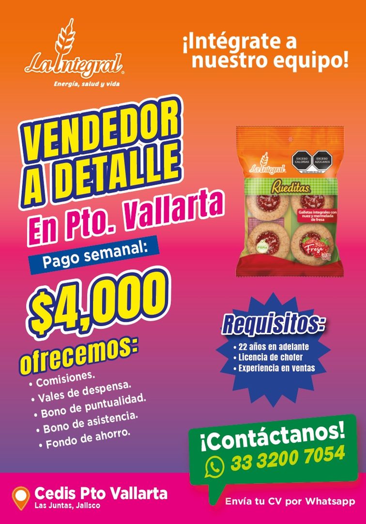 Banner del anuncio de la vacante: Lalntegral. · Energía, salud y vida · VENDEDOR · A DETALLE · En Pto. Vallarta · Pago semanal: · SA,000 · ofrecemos: · • Comisiones. · • Vale