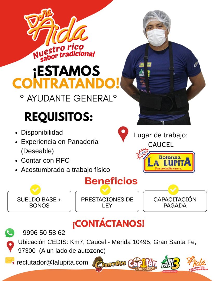 Banner del anuncio de la vacante: Fida · Nuestro rico · sabor tradicional · ¡ESTAMOS · CONTRATANDO! · ° AYUDANTE GENERAL° · REQUISITOS: · • Disponibilidad · • Experiencia en 
