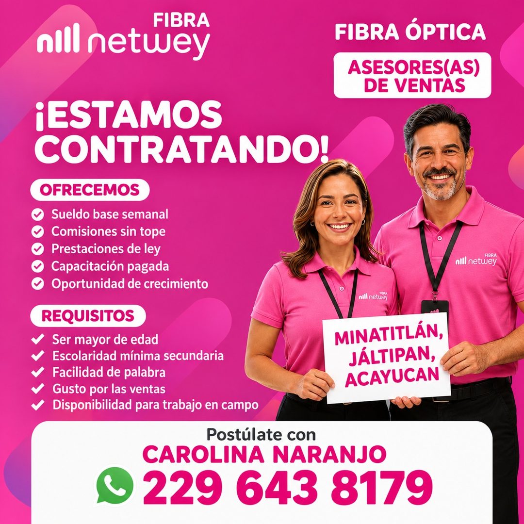 Banner del anuncio de la vacante: FIBRA · nill netwey · FIBRA ÓPTICA · ASESORES(AS) · DE VENTAS · ¡ESTAMOS · CONTRATANDO! · OFRECEMOS · • Sueldo base semanal · Comisiones sin