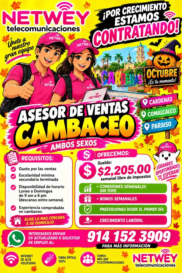 Banner del anuncio de la vacante: NETWEY · ¡POR CRECIMIENTO · ESTAMOS · telecomunicaciones · Unete a · •nuestro · NETWEY · gran equipo · NETWEY · CONTRATANDO! · CARDENA · OCT