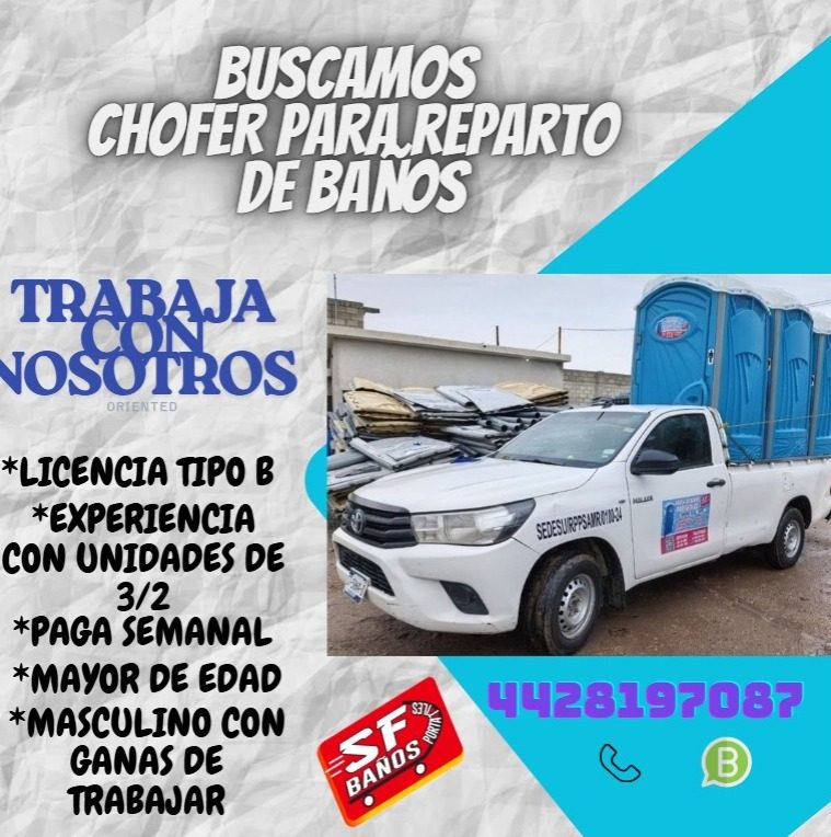 Banner del anuncio de la vacante: BUSCAMOS · CHOFER PARA REPARTO · DE BANOS · TRABAJA · CON · NOSOTROS · ORIENTED · *LICENCIA TIPO B · *EXPERIENCIA · CON UNIDADES DE · 3/2 · 
