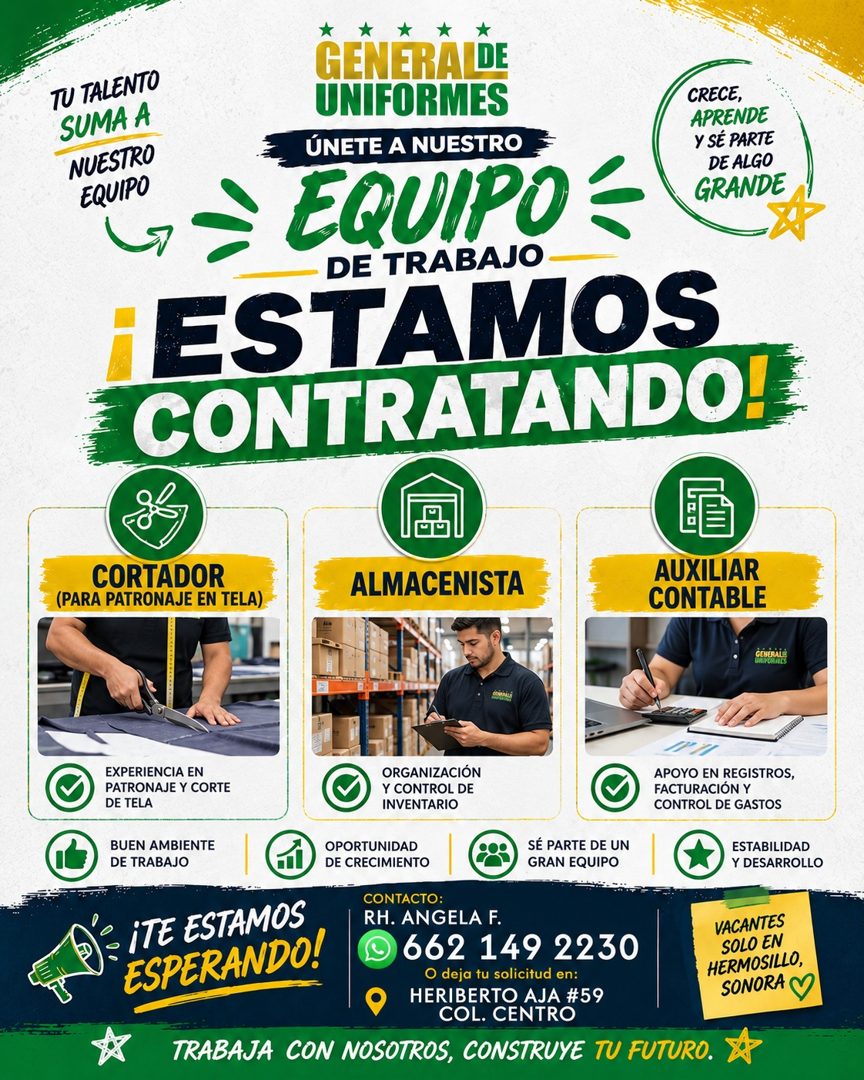 Banner del anuncio de la vacante: TU TALENTO · SUMA A · NUESTRO · EQUIPO · * · GENERALDE · UNIFORMES · ÚNETE A NUESTRO · CRECE, · APRENDE · Y SÉ PARTE · DE ALGO · GRANDE · EQ