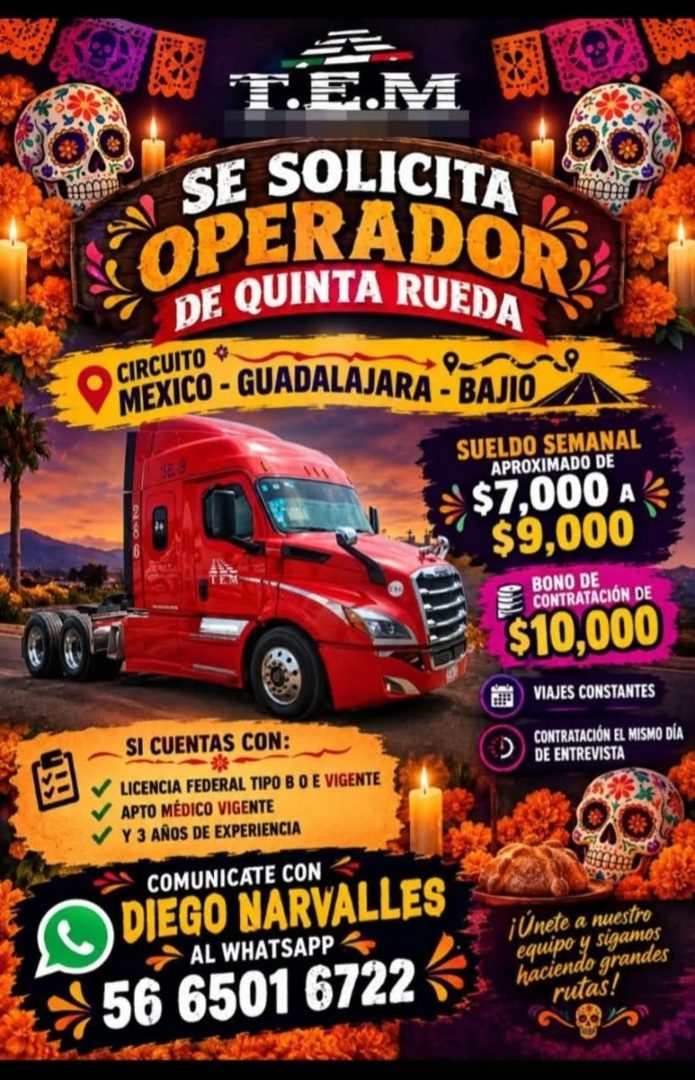 Banner del anuncio de la vacante: T.ON · SE SOLICITA · OPERADORS · DE QUINTA RUEDA · O MEXICO - GUADALAJARA -БАЛО · CIRCUITO · SUELDO SEMANAL · APROXIMADO DE · $7,000 A · $9,