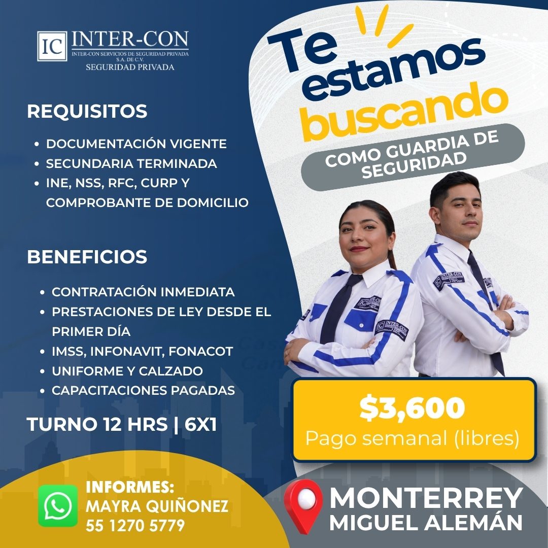 Banner del anuncio de la vacante: IC · INTER-CON · INTER-CON SERVICIOS DE SEGURIDAD PRIVADA · S.A. DE C.V. · SEGURIDAD PRIVADA · REQUISITOS · • DOCUMENTACIÓN VIGENTE · • SECU