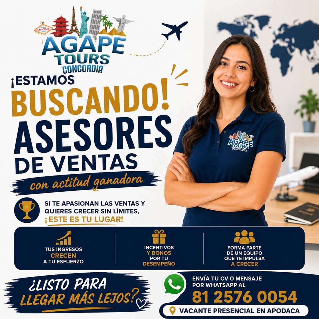 Banner del anuncio de la vacante: LAS VEGAS · AGAPE · TOURS · CONCORDIA · ¡ESTAMOS · BUSCANDO! · ASESORES · DE VENTAS · con actitud ganadora · SI TE APASIONAN LAS VENTAS Y · 